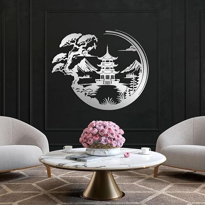 Japanese Metal Wall Art, Bonsai Tree & Torii Gate Metal Wall Decor, Bonsai Tree Wall Decor, Asian Wall Art, House Decorations Living Room, Gift for Japan Culture Lover (Gold, 35"x29"/90x75cm)