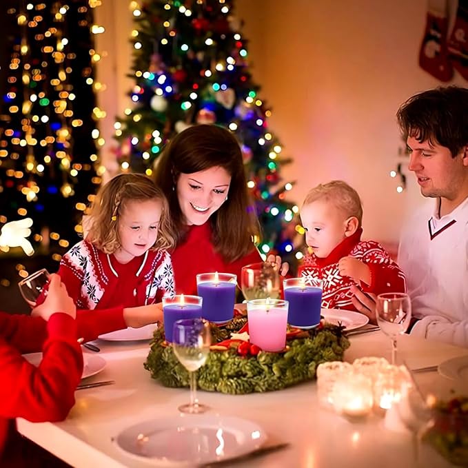 20 Packs Advent Candles with Clear Glass Holder, 15 Purple and 5 Pink Votive Candles, Unscented Seasonal Celebration Candles for Christmas Table Decoration