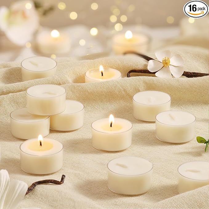Scented Tea Lights Candles, Vanilla Embrace, 16 Pack – 100% Palm Wax Scented Tealights, Ivory Color, 6 Hour Long Burning, Vanilla Aromatherapy Tea Lights Candles for Relaxation, Home, Spa, Events