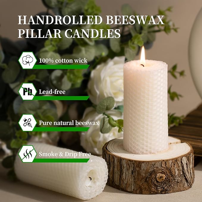 KONNI Beeswax White Pillar Candles Set of 3, 2"x 4" Unscented Pillar Candles Bulk, 20 Hours Long Burning Candles, Smokeless&Dripless Large Round Candle for Wedding, Decoration, Parties, Spas, Dinner