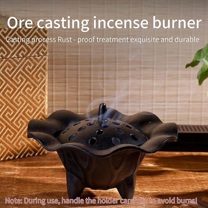 AIMITOFO Cast Iron Incense Burner - 4 in 1 Incense Burner Holder Set - Lotus Leaf Shape Ash Catcher with Lid for Ritual Purpose, Decor, Etc...