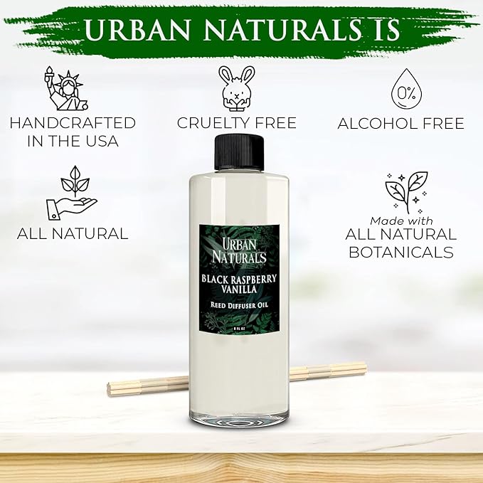 Urban Naturals Reed Diffuser Oil Refill Black Raspberry Vanilla with BlackBerry, Raspberry, Vanilla Orchid, Amber, Sandalwood 8 oz + Free Reed Sticks, Made in The USA