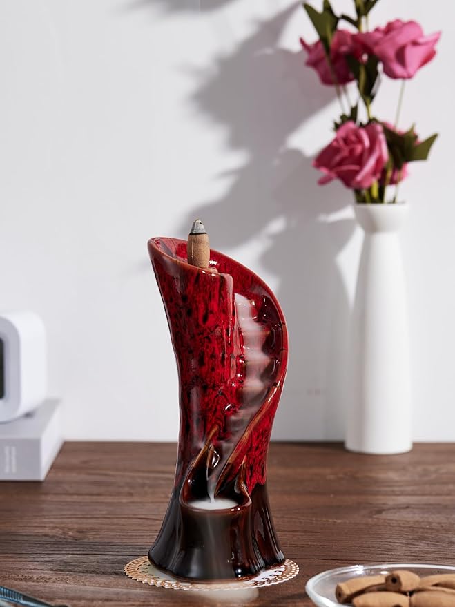 Unique Cloud Stairs Ceramic Waterfall Incense Holder, Paired with a Pack of Backflow Incense Cones. (Fambe Red)