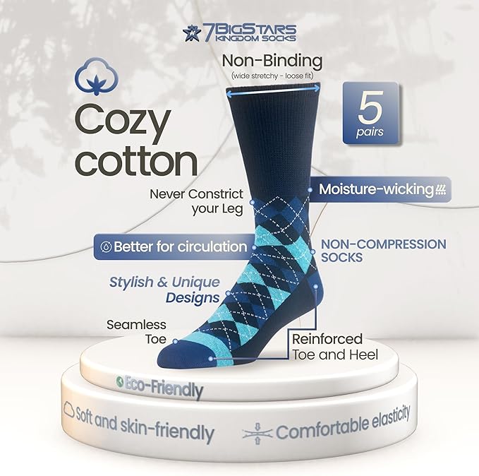 7BIGSTARS KINGDOM Men's Diabetic Loose Dress Fashion Crew Socks - 5 Pack Big Tall - Argyle, Stripe, Geometric Pattern - Sock Size 13-15 Shoe Size 12-15 XL Navy Blue, Denim Blue