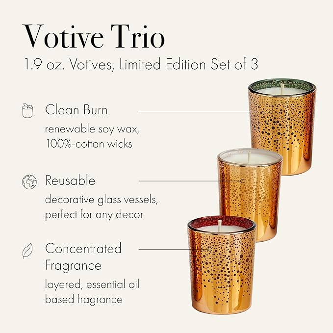 LAFCO New York Votive Trio Set - Absinthe Plum, Woodland Spruce, White Maple Bourbon - 1.9 oz Each - 60-Hour Burn Time - Reusable, Decorative Glass Vessel - Made in The USA