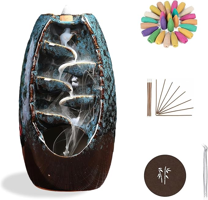 Ceramic Backflow Incense Holder Incense Burner Waterfall, with 120 Mixed Incense Cones + 30 Incense Sticks + 1 Decorative Pad + 1 Tweezer, Aromatherapy Ornament Home Decor, Sky Blue