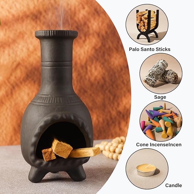 Handcrafted Palo Santo Burner–Mexican Style Clay Incense Dish for Aromatherapy and Stress Relief–Compatible with Wood Sticks, Sage,Cone Incense–Mini Home Altar with Unique Chimney Design