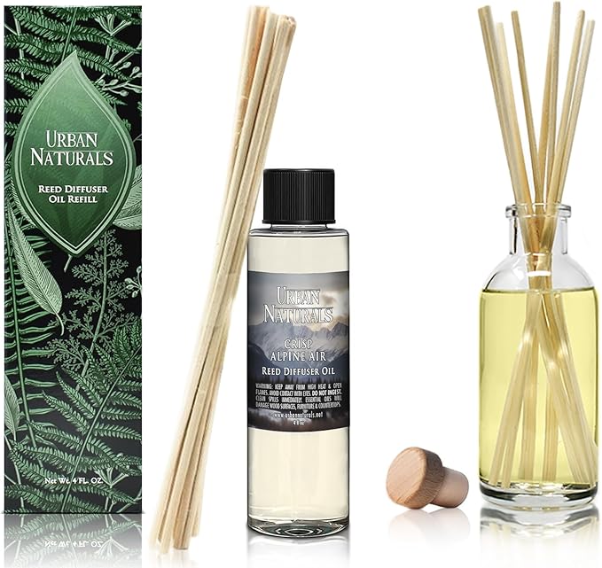 Urban Naturals Reed Diffuser Oil Refill, Crisp Alpine Air Diffuser Oils with Eucalyptus, Pine, Citrus, 4 oz + Free Reed Sticks, Made in The USA