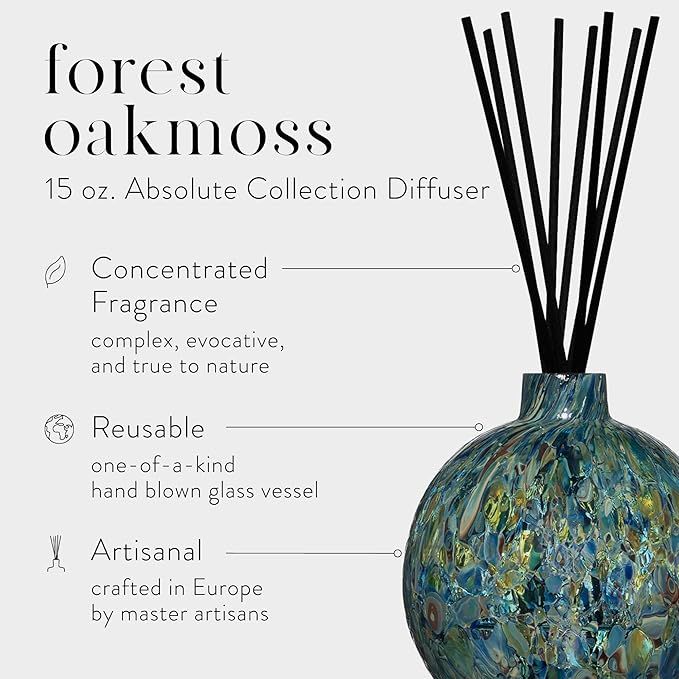 LAFCO New York Absolute Collection Reed Diffuser, Forest Oakmoss - 15 oz - Up to 1 Year Fragrance Life - Reusable, Hand Blown Glass Vessel - Nylon Reeds - Made in The USA