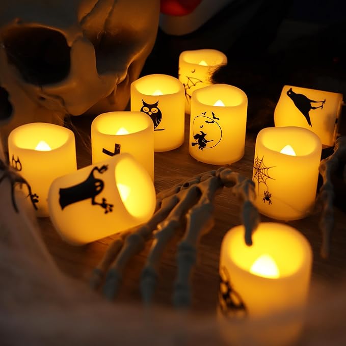 CANDLE CHOICE Battery Operated Flameless Votive Candles with Timer LED Candle Lights with Automatic Built-in Daily Cycle Timer Halloween Decals for Halloween Decorations Pack of 12 Batteries Included