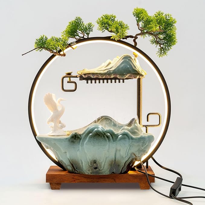 Backflow Incense Holder with Water Fountains and LED Light, Rockery, Crane and Plants Perfect for Relaxing or Home Decor