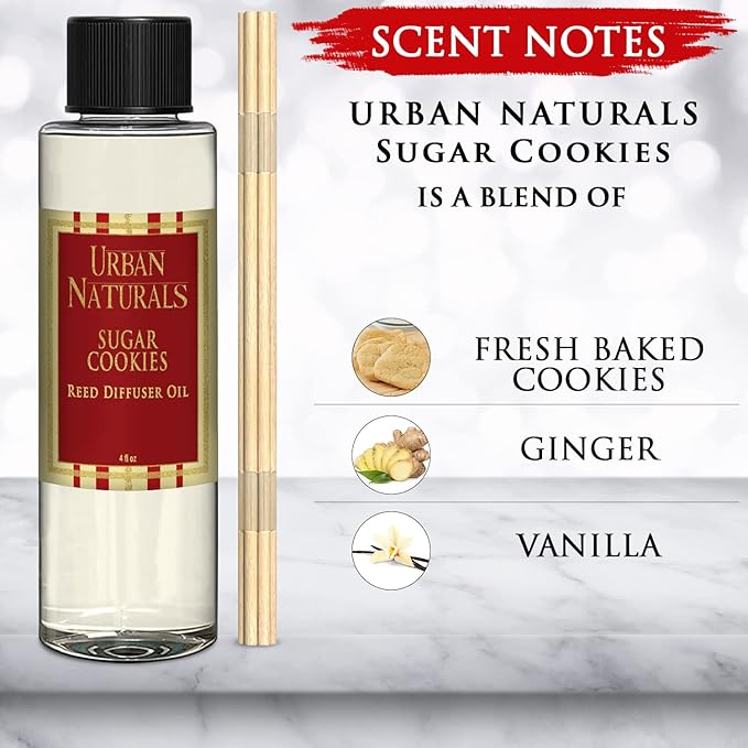 Urban Naturals Sugar Cookies Oil Reed Diffuser Refill with Free Set of Reed Sticks – Freshly-Baked, Buttery Cookie with Ginger Vanilla Frosting | Great Kitchen Scent | Made in The USA Vegan, 4 oz