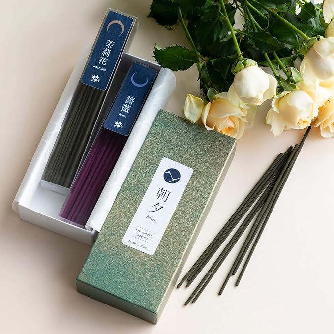Asayu Japan Low Smoke Incense Sticks - Floral Set (Jasmine + Rose), 40gr (Each Scent 20g), for Yoga, Zen Meditation and Relaxation - Smokeless for Less Irritation