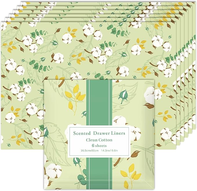 SCENTORINI Drawer Liners for Dresser, Clean Cotton Scented Drawer Liners, Drawer Liner for Dresser Bedroom Shelf Closet, 6 Sheet