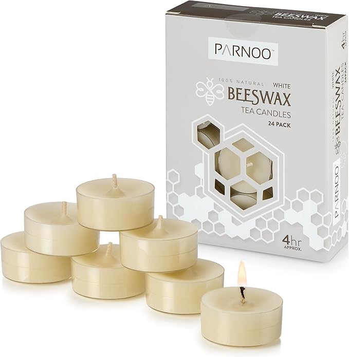 PARNOO 100% Natural White Beeswax Tealight Candles in Clear Plastic Cups, 4 Hours Burn time - Pack of 24