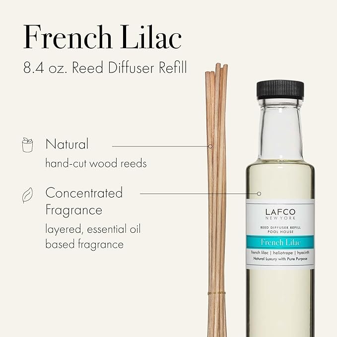 LAFCO New York Reed Diffuser Refill, French Lilac - 8.4 oz - Up to 4-Month Fragrance Life - Includes Natural Wood Reeds - Free of Dyes & Propellants - Made in The USA