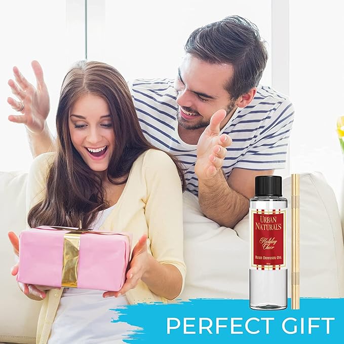 Urban Naturals Reed Diffuser Oil Refill, Holiday Cheer Diffuser Oil with Cranberry, Cinnamon, Evergreen, 4 oz + Free Reed Sticks, Made in The USA