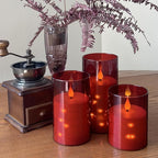 Flashing Flameless Candles with String Light, Battery Powered Candle, Recessed String LED Candle, Indestructible Plexiglass Candles with Remote Control, 3 Piece Set, Red