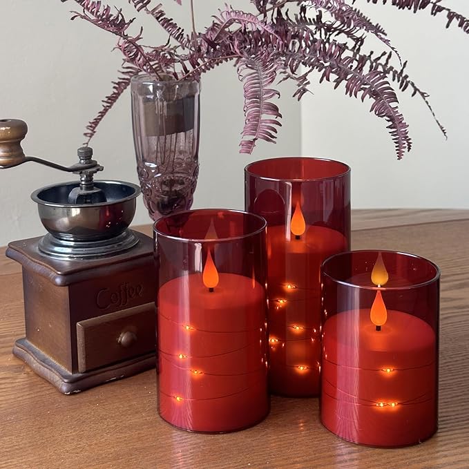 Flashing Flameless Candles with String Light, Battery Powered Candle, Recessed String LED Candle, Indestructible Plexiglass Candles with Remote Control, 3 Piece Set, Red