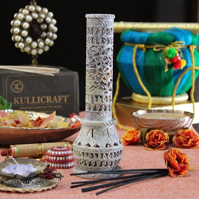 Carry Me Marble Soapstone Incense Stick Holder | Candle Burner | Tea Light Stand - Perfect Handmade Bottle Tower. Decorative Floral Carving for Gifting - Home and Office Decor - (2.5x2.5x10 Inches)