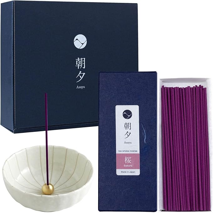 Asayu Japan Low Smoke Incense Gift Set with Incense Holder and Brass Stand, Sakura Incense Sticks with White Lotus Holder (Sakura Cherry Blossom + White Lotus Holder)