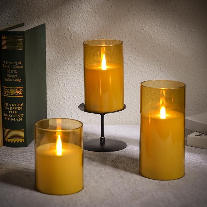 Flameless Candles, LED Candles with Remote Control and Timer, New True Analog 3D Wick Battery-Powered Acrylic Column Candle for Romantic Ambiance and Home Décor, Set of 3 (Gold)