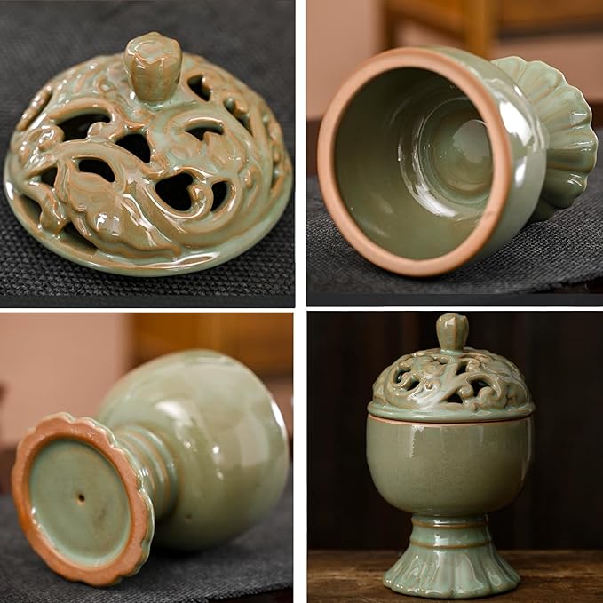 Ceramic Incense Burner with Lid,Boshan Incense Cone Holder for Coil Incense and Powder Incense,Mediation Gift,Home Decor (Green)
