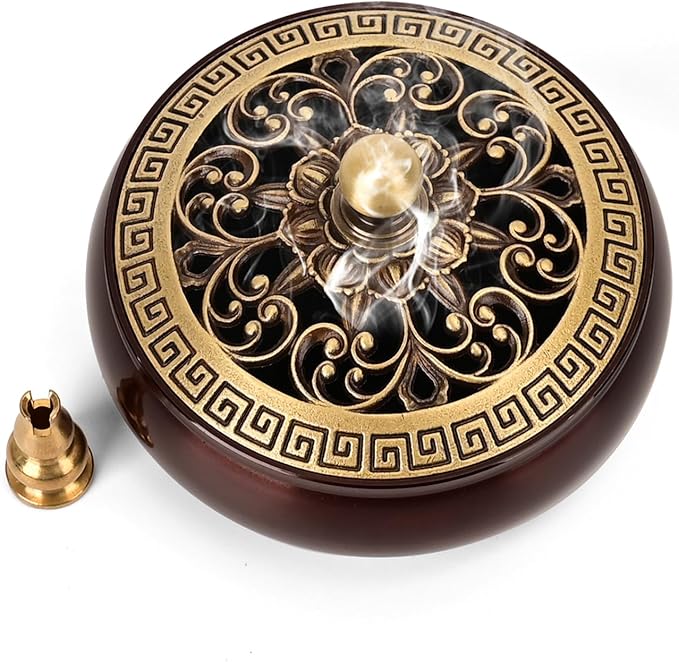 Copper Incense Burner with Stick Holder, Incense Stick Holder Cone Coil Holder with Fireproof Cotton for Madiation Yoga Spa Home Office Decor (Brown)