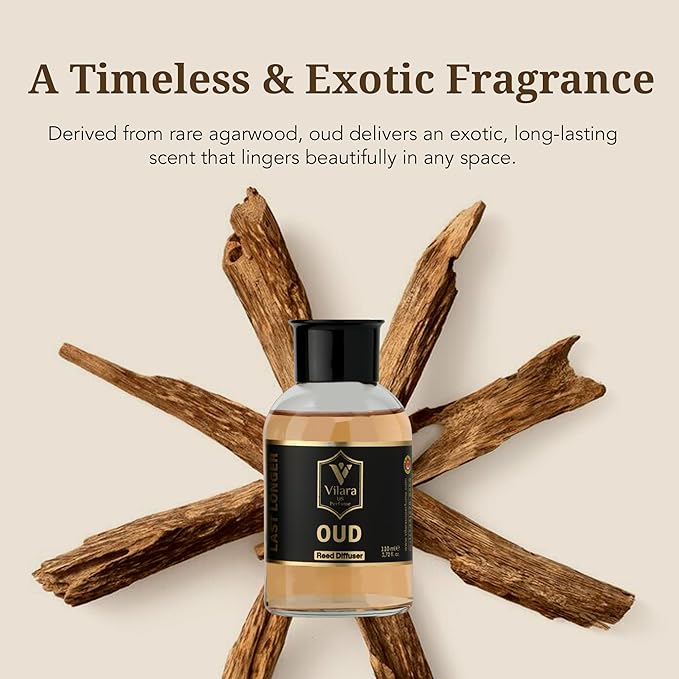 Oud Diffuser Set with Sticks - Reed Diffuser for Bathroom, Bedroom, Office, Living Room - Woody Aromatics for Home Aromatherapy - Luxury Fragrance Sticks Diffuser Set - 3.72 fl oz