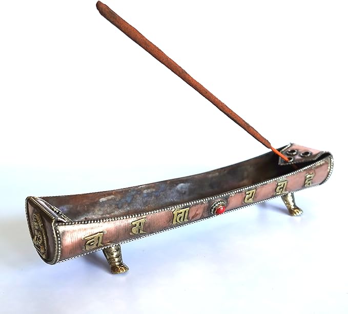 Traditional Handmade Incense Holder for Sticks and Cones | 100% Pure Copper & Brass Incense Burner | Buddhha & Buddhist Text | Stand Holds 6 Sticks & 6 Cones | Effective Ash Catcher