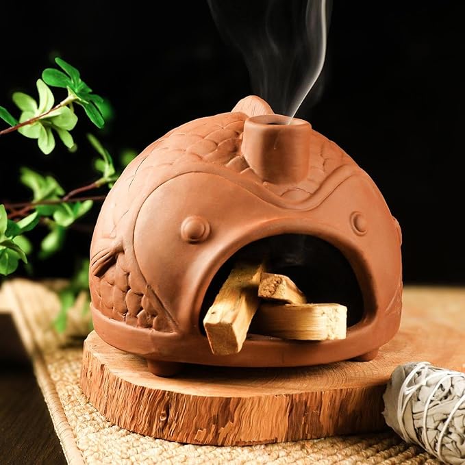 Large Fish-Shaped Terracotta Palo Santo Holder - Cone Burner for Sage,Chiminea Incense Dish with Chimney,Ideal for Meditation, Zen, Yoga, Spa & Wellness | Anxiety & Stress Relief Items
