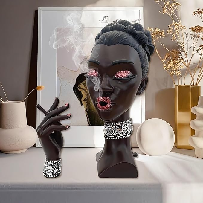 Elegant Head Incense Black Woman Burner, Modern Design, Stylish Incense Holder Black Women, Sophisticated Home Decor, Desk Accessory (Pinkeye)