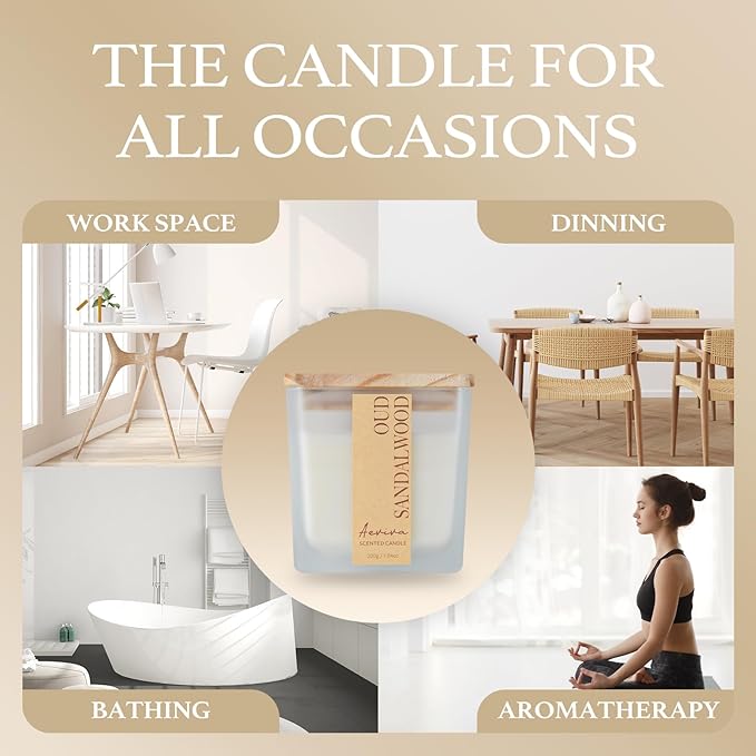 Scented Candle, 7.04 oz Oud Sandalwood Aromatherapy Candle, Natural Soy Wax with Wooden Wick, Candles for Home, 45 Hours Burn Time, Scented Jar Candle Gifts