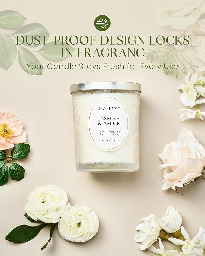 M&SENSE Jasmine Amber Scented Candle, Wooden Wick Candles with Lid, 100 Hours Slow Burning Natural Soy Wax 18oz, Stress Relief Relaxing Home Fragrance, Housewarming Gifts for Women Men