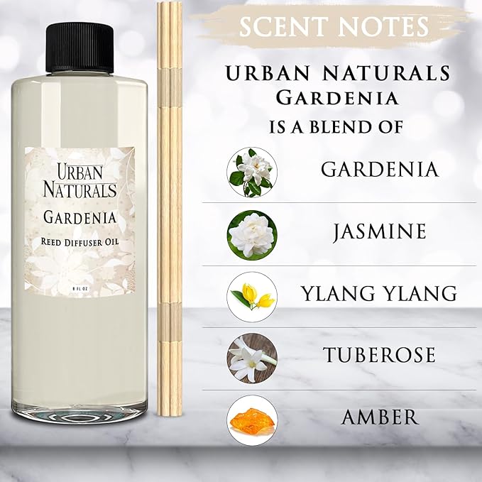 Urban Naturals Reed Diffuser Oil Refill Gardenia with Jasmine, Ylang Ylang, Tuberose, Amber 8 oz + Free Reed Sticks, Made in The USA