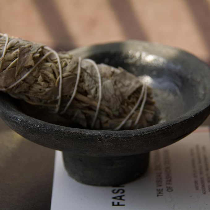 Handmade Rustic Black Terracotta Incense Holder, Ceramic Palo Santo & Sage Sticks Bowl,Wabi‑sabi & Retro, A Spiritual Decor for Yoga&Meditation (Black)