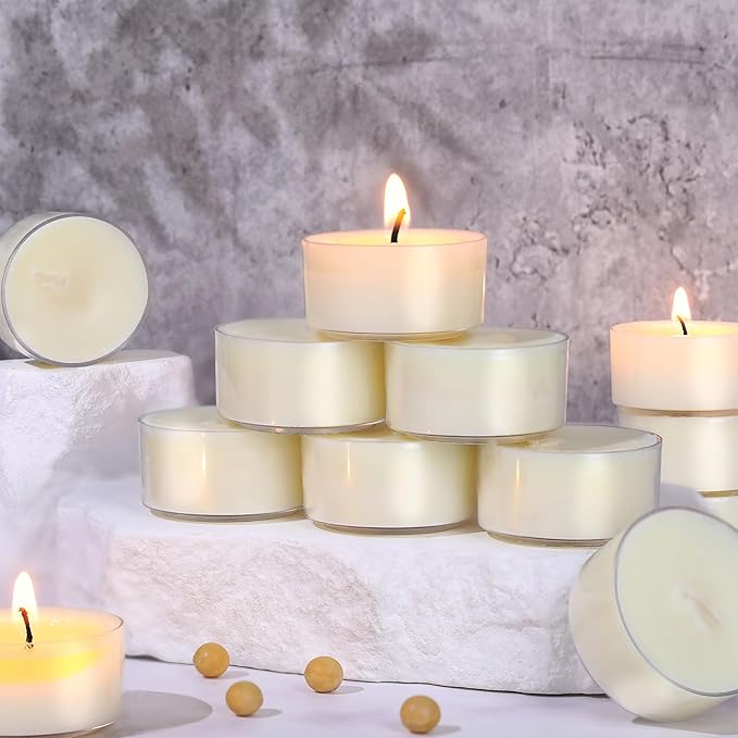 50 Pcs Soy Wax Tealight Candles (6 Hour Burn Time) White Unscented Votive Candles, Smokeless & Extended Burn Time Clear Cup Tea Lights for Weddings, Home, Emergencies