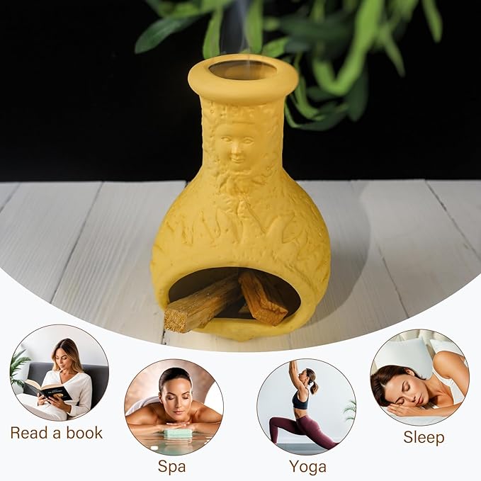 Palo Santo Burner Holder,Yellow Mini Chiminea with Chimney Handmade Smudge Bowl fits sage, Incense Cones, Sticks, Small Candle; with ash Collection. Great for Zen Meditation, Altar Fireplace