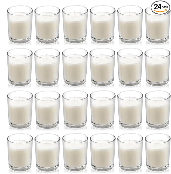 Housecret 24 Pack Warm White Unscented Clear Glass Filled Votive Candles. Hand Poured Wax Candle Ideal Gifts for Aromatherapy Spa Weddings Birthdays Holidays Party