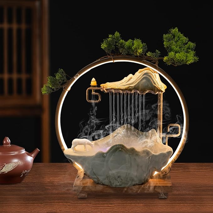 Backflow Incense Holder with Water Fountains and LED Light, Rockery, Horse and Plants Perfect for Relaxing or Home Decor (Horse witn Rockery)