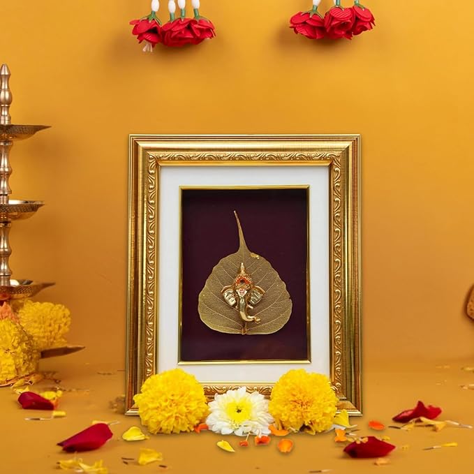 Golden Ganesha Gold Leaf - God Gold Plated Decorative Photo Frame | for Gifting, Home Decor, Table Decor and Temple or Pooja Room Decoration (9.5 x 8 Inches)