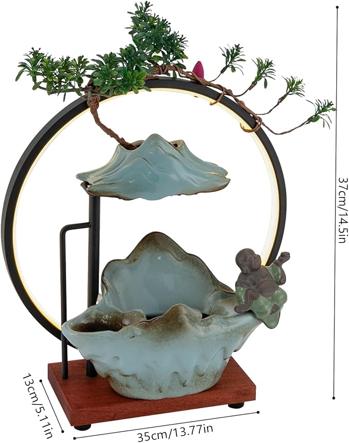 Backflow Incense Holder with Water Fountains and LED Light, Rockery, Maitreya and Plants Perfect for Relaxing or Home Decor (Maitreya)