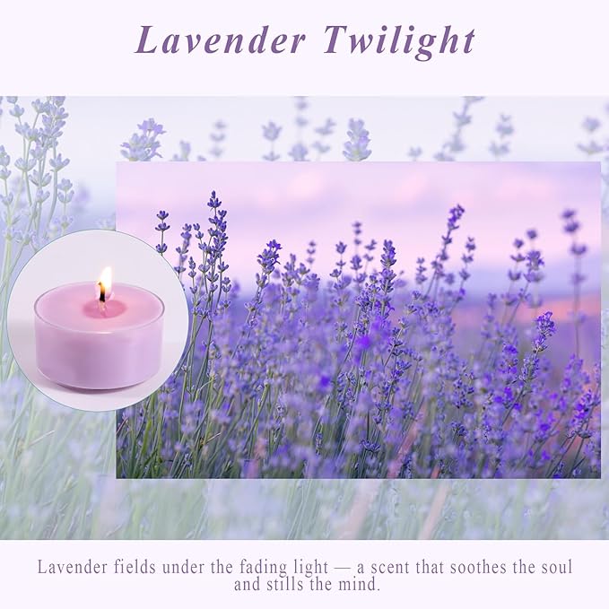 Scented Tea Lights Candles, Lavender Twilight, 48 Pack – Purple Scented Tealight Candles – 100% Palm Wax, 6 Hour Burn Aromatherapy Tea Light Votive Candle for Relaxation, Spa, Yoga, Home Decor