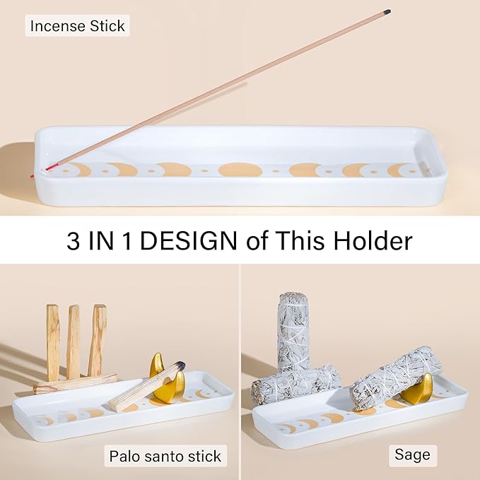 ZenBless Incense Holder Multifunction Incense Burner for Burning Palo Santo,Sage Smudge, Incense Sticks,Handcrafted Ceramic Moon Phase Insence-Stick Holder, Ideal for Spiritual Meditation Yoga Gift