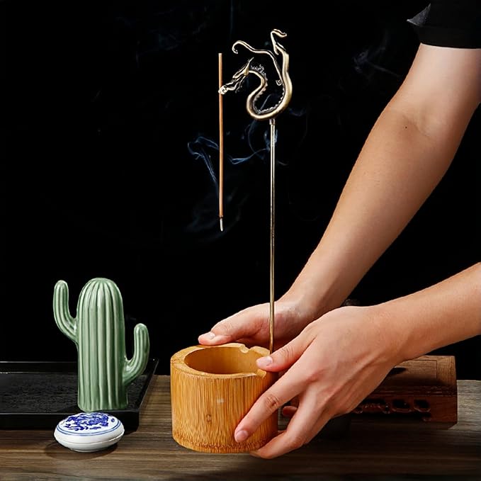 Incense Holder for Sticks with Ash Catcher - Dragon Design Smoke Waterfall, Spill-Proof Bamboo Base & Zinc Alloy Clip for 1-5mm Sticks, Yoga Meditation Zen Altar (13 Inch)