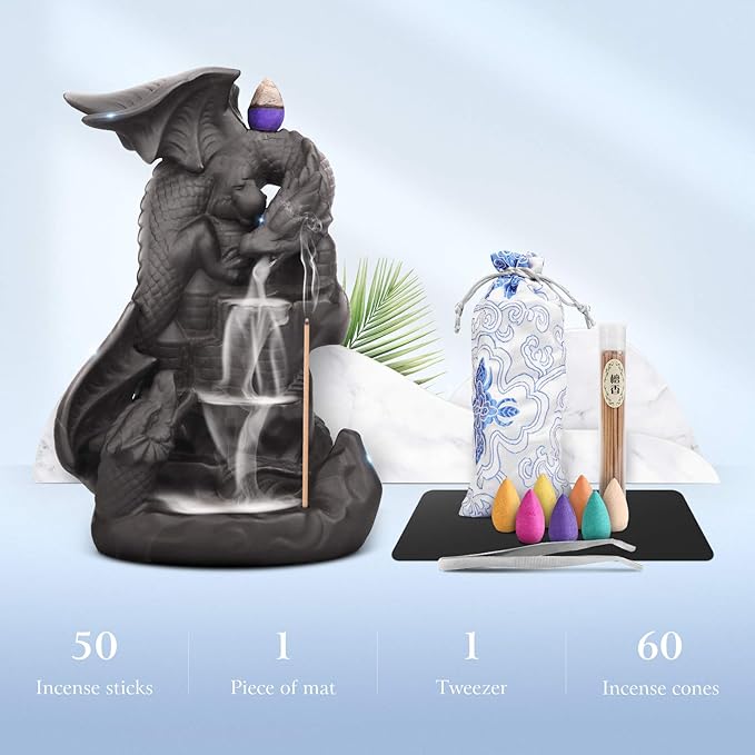 Ceramic Dragon Backflow Incense Holder Waterfall Incense Burner, Smoke Incense Holder, with 70 Backflow Incense Cones + 50 Incense Stick, 1 Mat, 1 Tweezers Home Decor (Brown-Light Dragon)