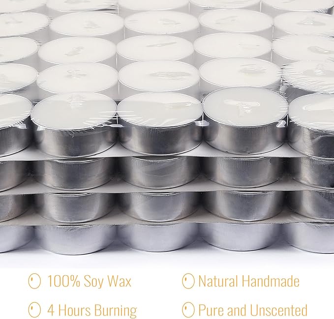 100 Pack Soy Tealight Candles - 100% Natural Soy Wax,4 Hours Long Burning,Unscented White Tea Candles Bulk for Party Centerpieces,Sabbath,Wedding