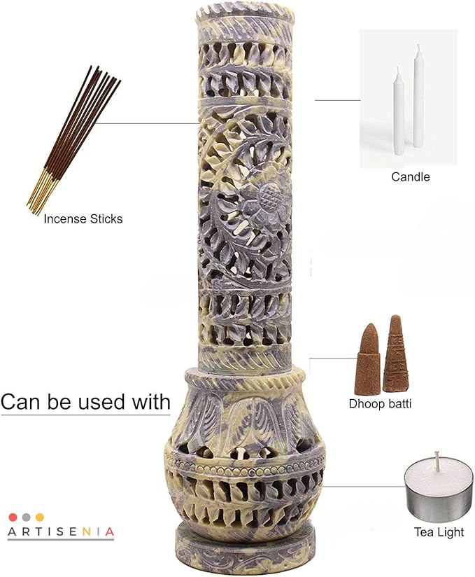Handmade Carving Round Soapstone Incense Stick Tower Holder | Marble Incense Stick Tower Burner Holder Spa Aromatherapy Home Office Fragrance Accessories Home Office Decor - (11 X 3 Inches)
