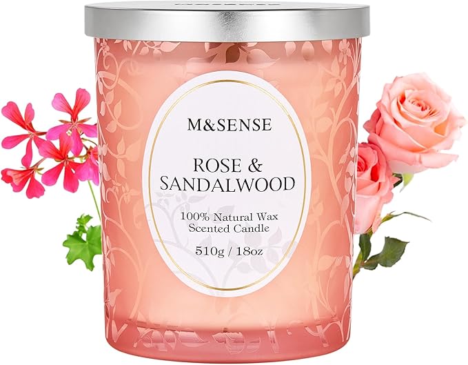 M&SENSE Rose Sandalwood Scented Candle, Wooden Wick Candle with Lid, 100 Hours Long Burning Natural Soy Wax 18oz, Stress Relief Meditation Air Purifying Home Fragrance,Housewarming Gifts for Her Him