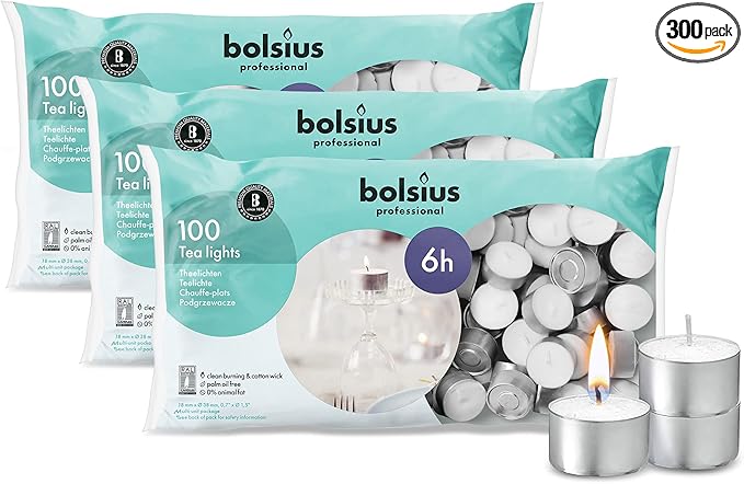 BOLSIUS Tea Lights Candles - Pack of 300 White Unscented Candle Lights with 6 Hour Burning Time - Tea Candles for Wedding, Home, Parties, and Special Occasions